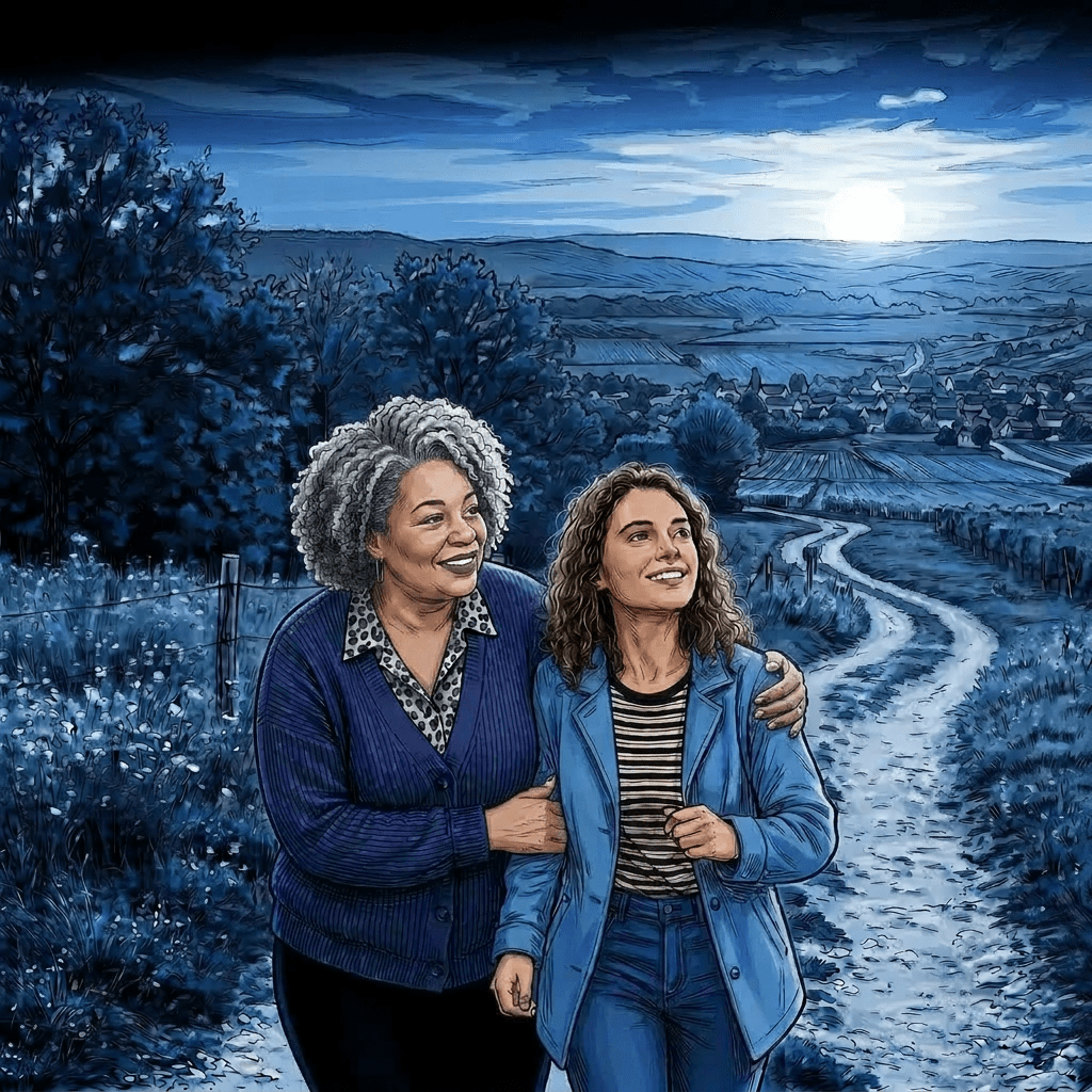 Two women walking arm in arm on a dirt path through countryside during sunset